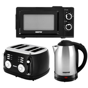 Geepas Stainless Steel Kettle 4 Slice Bread Toaster & Microwave Oven 20L Kitchen Set