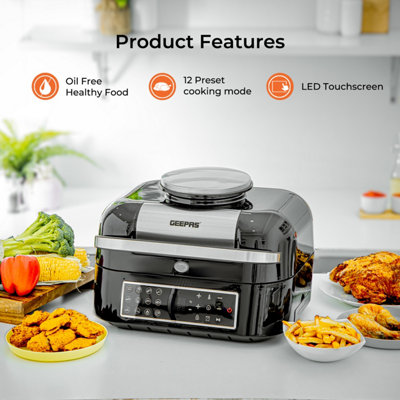 Geepas Vortex 6.5L Air Fryer & Smokeless Indoor Grill, 12-in-1 Smart XL Multicooker & Electric Grill with Air Fry