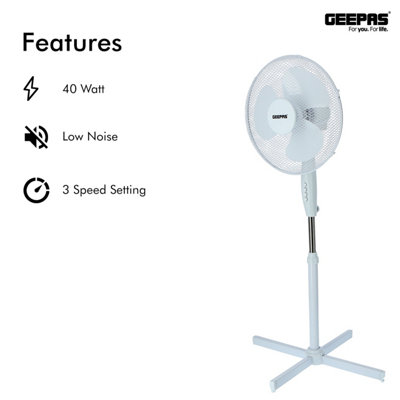 Geepas White 16" Pedestal Fan 40W Floor Standing Oscillating Fan Adjustable Height