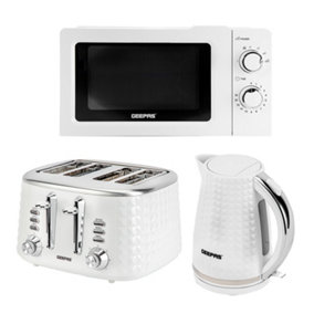 Geepas White Textured Kettle, 4 Slice Toaster & 20L Microwave Oven Set