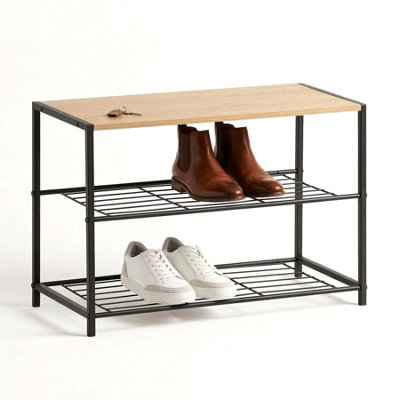 GEEZY 2 Tier Shoe Rack with Seat Hallway Shoe Bench Wooden Storage ...