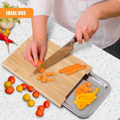 GEEZY Bamboo Wooden Chopping Board with Sliding Stainless Steel Tray ...