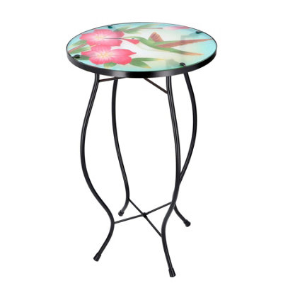 GEEZY Garden Coffee Table Glass Round Side Stand Mosaic Colibri Design Patio Table