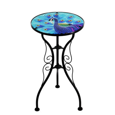 GEEZY Garden Glass Round Coffee Table Blue Peacock Design Mosaic Patio Table