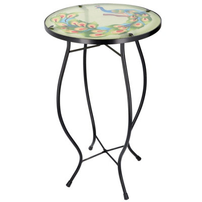 GEEZY Garden Mosaic Coffee Table Iron Glass Round Side Peacock Design Patio Furniture