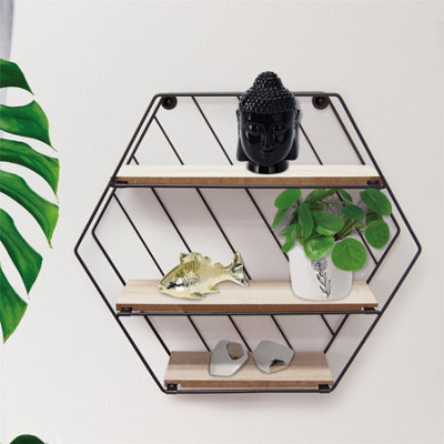 GEEZY Hexagon Wall Rack Floating Shelves Metal Wood Mounted Home Office ...