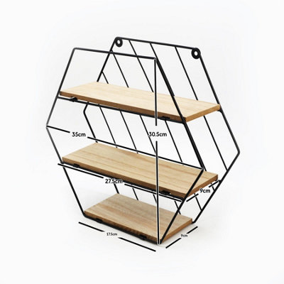 GEEZY Hexagon Wall Rack Floating Shelves Metal Wood Mounted Home Office ...