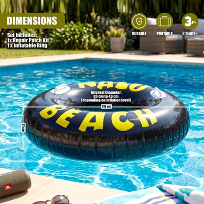 GEEZY Inflatable Turbo Tyre Swimming Ring 47 Inch with Handles Black ...