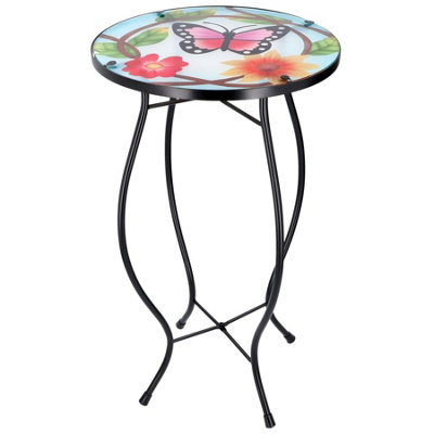 GEEZY Iron/Glass Round Coffee Table Small Butterfly Mosaic Design Garden Patio