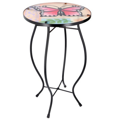GEEZY Mosaic Coffee Table Oudoor Iron Glass Round Side Butterfly Design Patio Garden