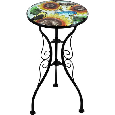 GEEZY Mosaic Sunflower Iron/Glass Round Coffee Table Garden Patio Elegant Plant Stand