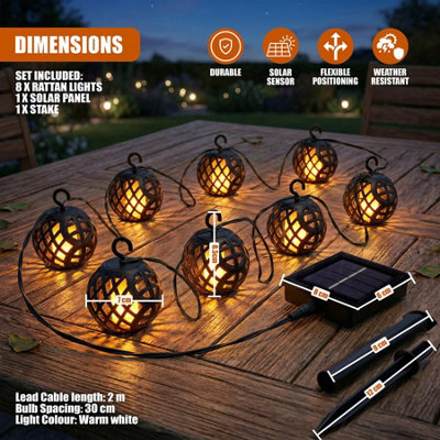 GEEZY Solar LED Rattan Ball String Lights 8 PCs Flickering Flame Effect ...