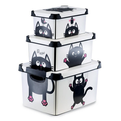 GEEZY Storage Boxes with Lids Set of 3 Decorative Plastic Cat Theme ...