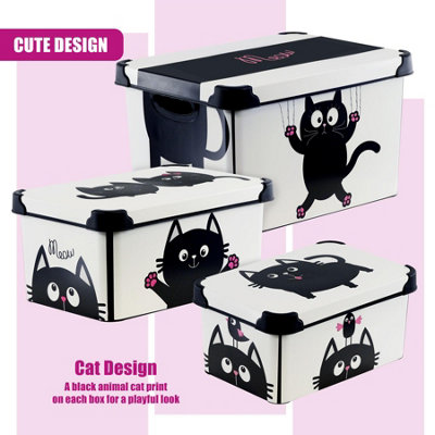 GEEZY Storage Boxes with Lids Set of 3 Decorative Plastic Cat Theme ...