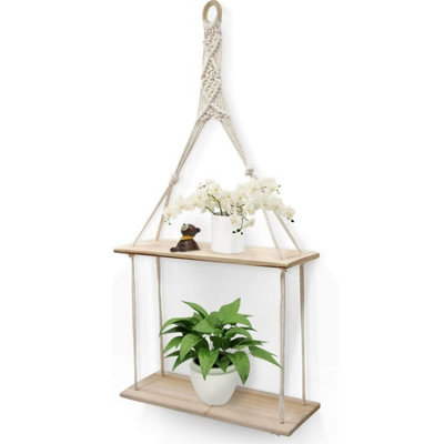 GEEZY Wooden Floating 2 tier 30x10x72cm Hanging Shelf  Macrame Rope Storage Wall
