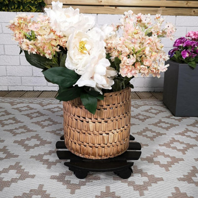 GEEZY Wooden Round Indoor Outdoor Garden Plant Pot Trolley Stand Mover with Wheels