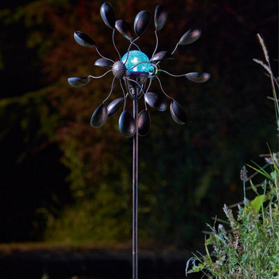 Gemini Garden Wind Spinner with Solar Powered Crackle Globe - Outdoor Garden Decoration with Multicoloured LED Light - H130cm
