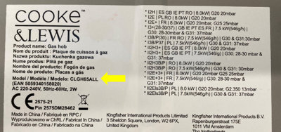 Label of a Cooke & Lewis gas hob. Arrow points to the CLGH65ALL model number customers should look for.
