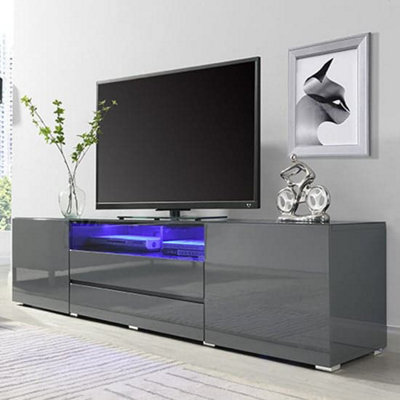 Genie TV Stand With Storage for Living Room and Bedroom, 2030 Wide, LED Lighting, Media Storage, Grey High Gloss Finish