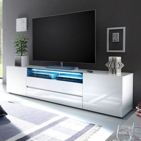 Genie TV Stand With Storage for Living Room and Bedroom, 2030 Wide, LED Lighting, Media Storage, White High Gloss Finish