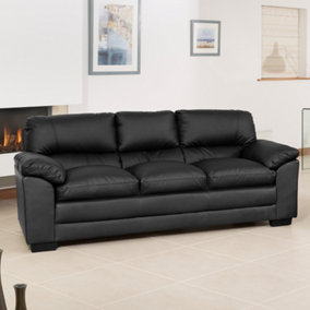 Genoa 214cm Black Bonded Leather 3 Seat Sofa Removable Back Sections For Easy Delivery