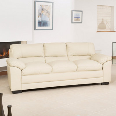 Genoa 214cm Cream Bonded Leather 3 Seat Sofa Removable Back Sections For Easy Delivery