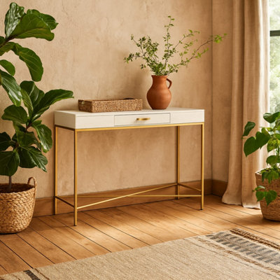 Genoa White Gloss Console Table with Drawer and Brushed Gold Base