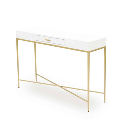 Genoa White Gloss Console Table with Drawer and Brushed Gold Base