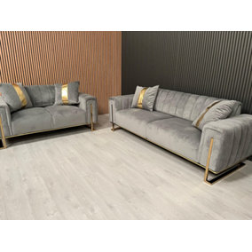 Genova 3 and 2 Seater Grey Velvet And Gold Accent Sofa