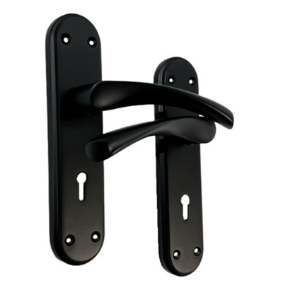 Genova Door Handles Matt Black Twist Lever Lock Marina Backplate