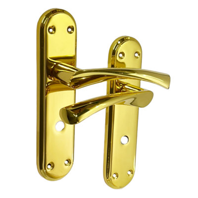 Genova Door Handles Polished Brass Twist Lever Bathroom Lock on Modern Marina Backplate