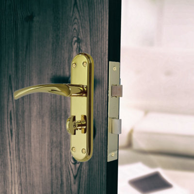 Genova Door Handles Polished Brass Twist Lever Bathroom Lock on Modern Marina Backplate