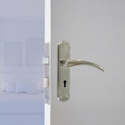 Genova Door Handles Satin Twist Lever Lock on Modern Marina Backplate