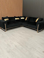 Genova Velvet Black Corner Sofa With Gold Metal Legs