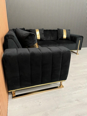 Genova Velvet Black Corner Sofa With Gold Metal Legs