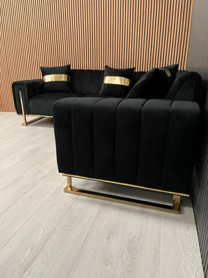 Genova Velvet Black Corner Sofa With Gold Metal Legs
