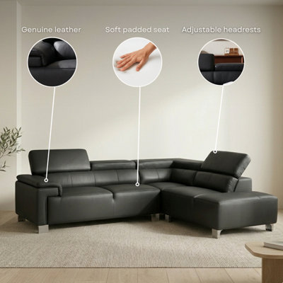 Genuine Leather Black Left Hand Facing Corner Sofa