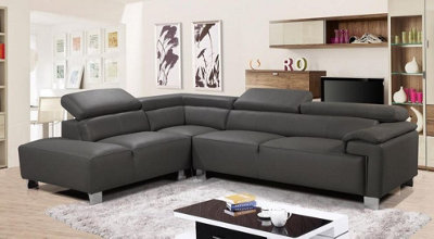 Genuine Leather Mid Grey Left Hand Facing Corner Sofa