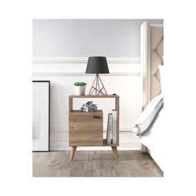 Geo Bedside Table with 1 Shelf and 1 Cabinet, 50 x 37 x 65 cm Nightstand Side Table, Oak