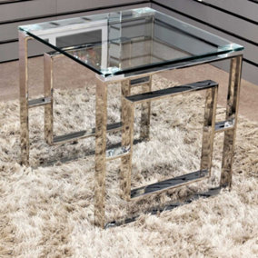Geo Square Side Table w/ Clear Glass Top Bedside End Table Living Room Furniture