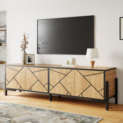 Geometric 4-Door TV Stand - Industrial Rustic Brown Entertainment Unit ...