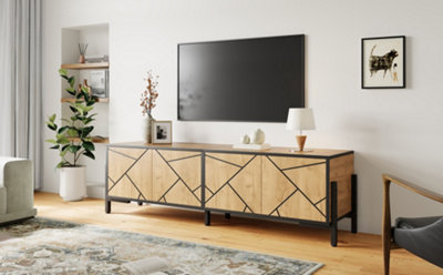 Geometric 4-Door TV Stand - Industrial Rustic Brown Entertainment Unit ...