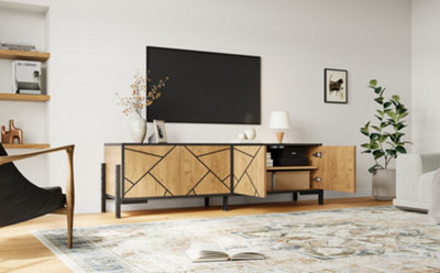 Geometric 4-Door TV Stand - Industrial Rustic Brown Entertainment Unit ...