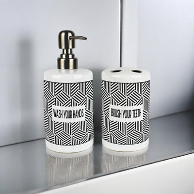 Geometric Bathroom Set - Refillable Ceramic Soap Dispenser & Toothbrush Holder