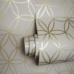 Geometric Beige Metallic Gold Circular Holden Diso Feature Wallpaper