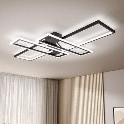 Geometric Black Frame Rectangular LED Semi Flush Ceiling Light 120cm in White Light