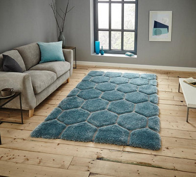 Geometric Blue Modern Shaggy Handmade Easy To Clean Rug For Dining Room Bedroom & Living Room-120cm X 170cm