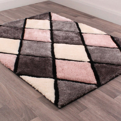 Geometric Blush Shaggy Geometric Optical Modern Sparkle Rug for Living Room and Bedroom-60cm X 110cm