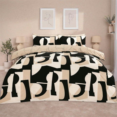 Geometric Duvet Cover Pillowcase Bedding Set Shapes Quilt, Natural - Double