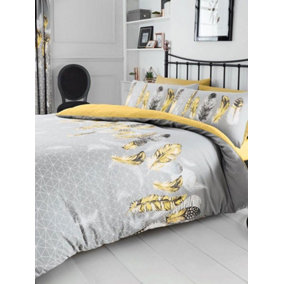 Geometric Feathers Single Duvet Cover and Pillowcase Set - Yellow